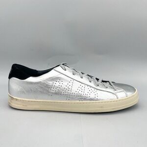 P448 Mens 47 John Sneaker Shoes Silver Metallic Leather Lace Up Low Retro Casual